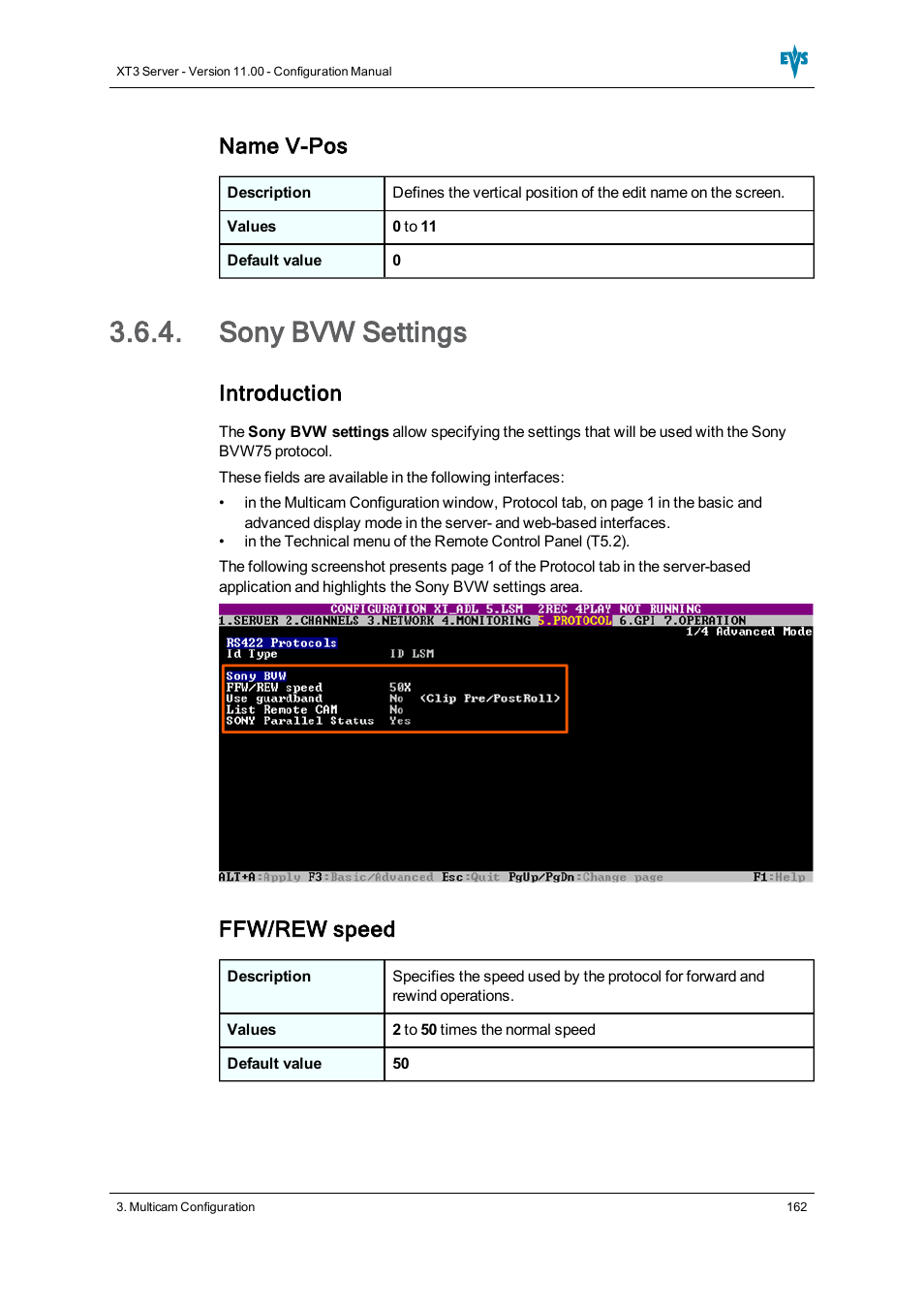 Sony bvw settings, Name v-pos, Introduction | Ffw/rew speed | EVS XT3 Version 11.00 Configuration Manual User Manual | Page 168 / 227