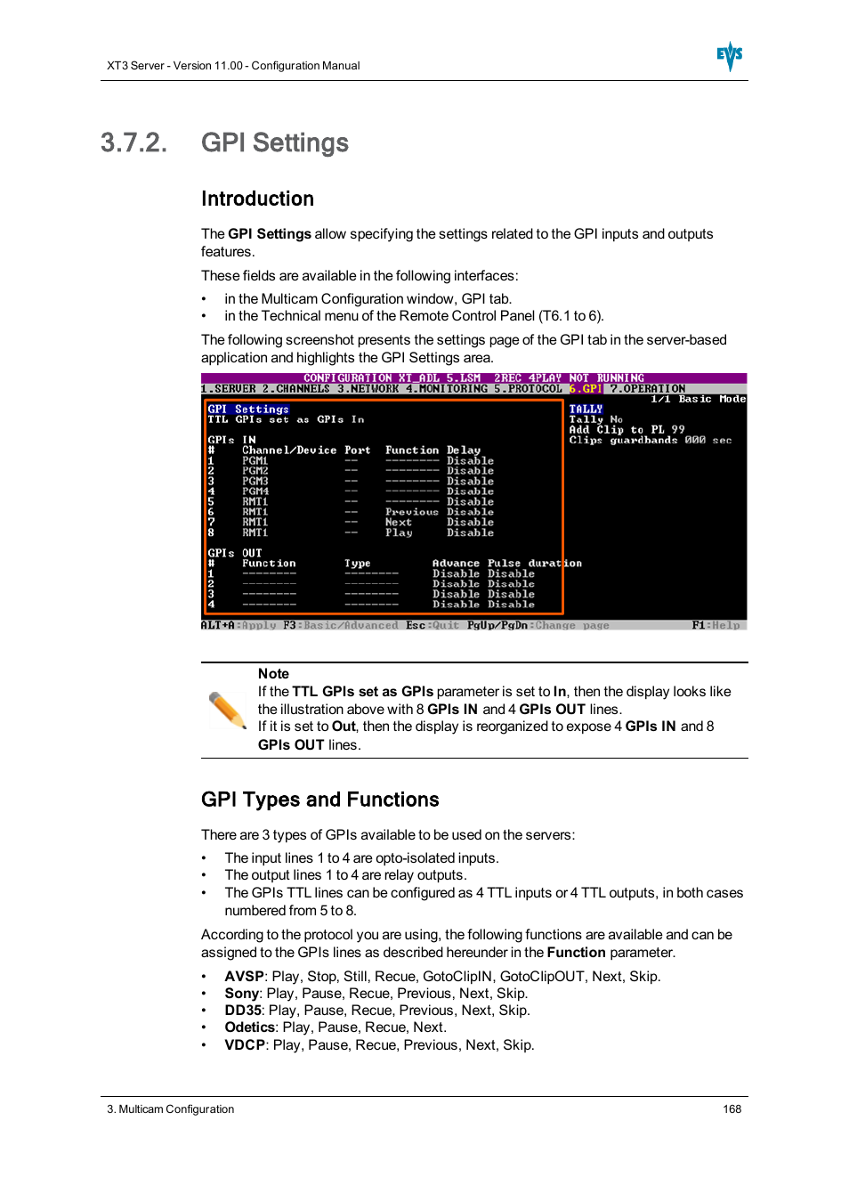 Gpi settings, Introduction, Gpi types and functions | EVS XT3 Version 11.00 Configuration Manual User Manual | Page 174 / 227