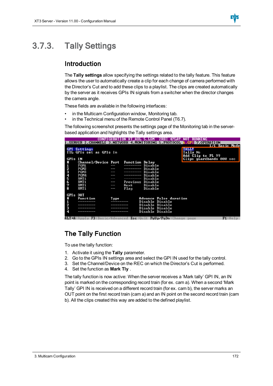 Tally settings, Introduction, The tally function | EVS XT3 Version 11.00 Configuration Manual User Manual | Page 178 / 227