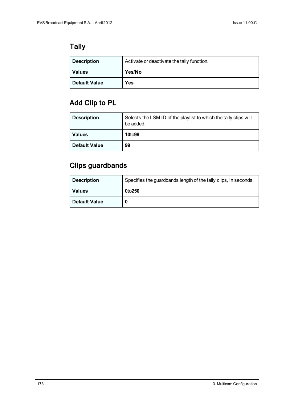 Tally, Add clip to pl, Clips guardbands | EVS XT3 Version 11.00 Configuration Manual User Manual | Page 179 / 227
