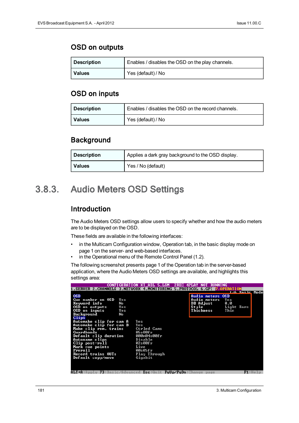 Audio meters osd settings, Osd on outputs, Osd on inputs | Background, Introduction | EVS XT3 Version 11.00 Configuration Manual User Manual | Page 187 / 227