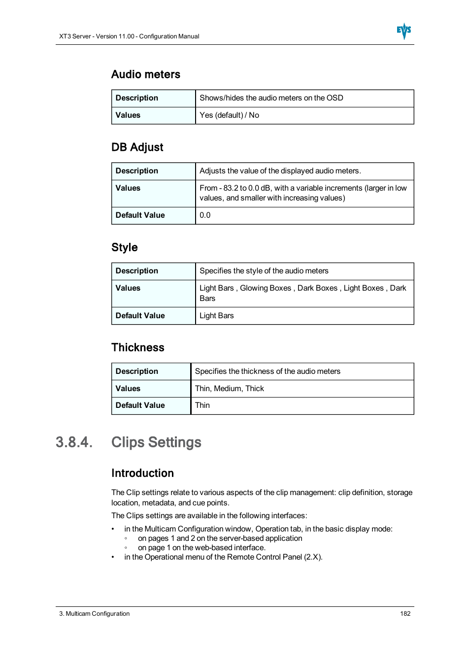 Clips settings, Audio meters, Db adjust | Style, Thickness, Introduction | EVS XT3 Version 11.00 Configuration Manual User Manual | Page 188 / 227