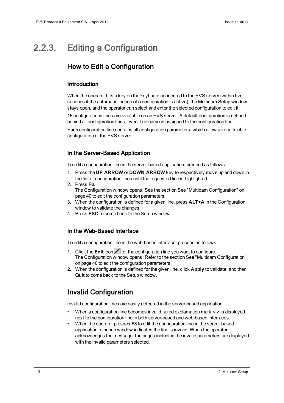Editing a configuration, How to edit a configuration, Invalid configuration | EVS XT3 Version 11.00 Configuration Manual User Manual | Page 19 / 227