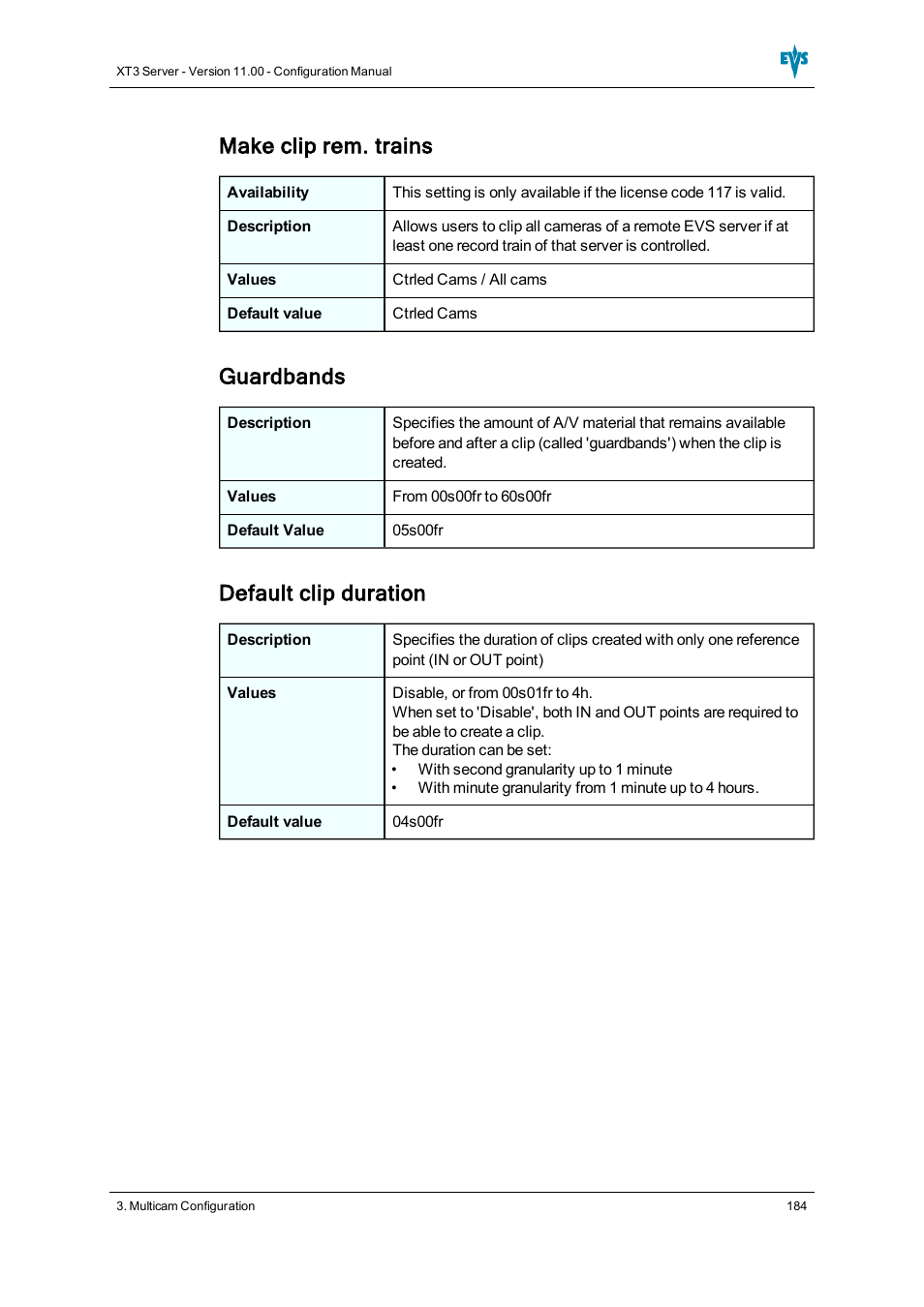 Make clip rem. trains, Guardbands, Default clip duration | EVS XT3 Version 11.00 Configuration Manual User Manual | Page 190 / 227