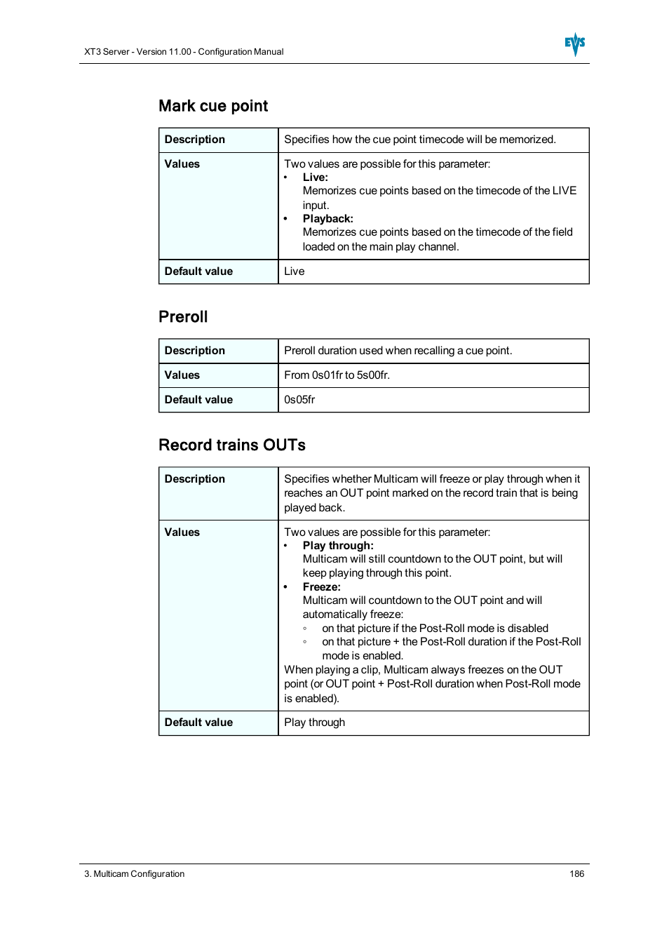 Mark cue point, Preroll, Record trains outs | EVS XT3 Version 11.00 Configuration Manual User Manual | Page 192 / 227
