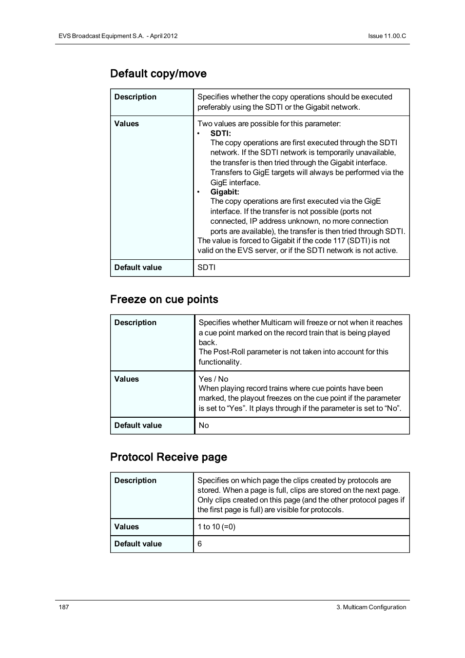 Default copy/move, Freeze on cue points, Protocol receive page | EVS XT3 Version 11.00 Configuration Manual User Manual | Page 193 / 227