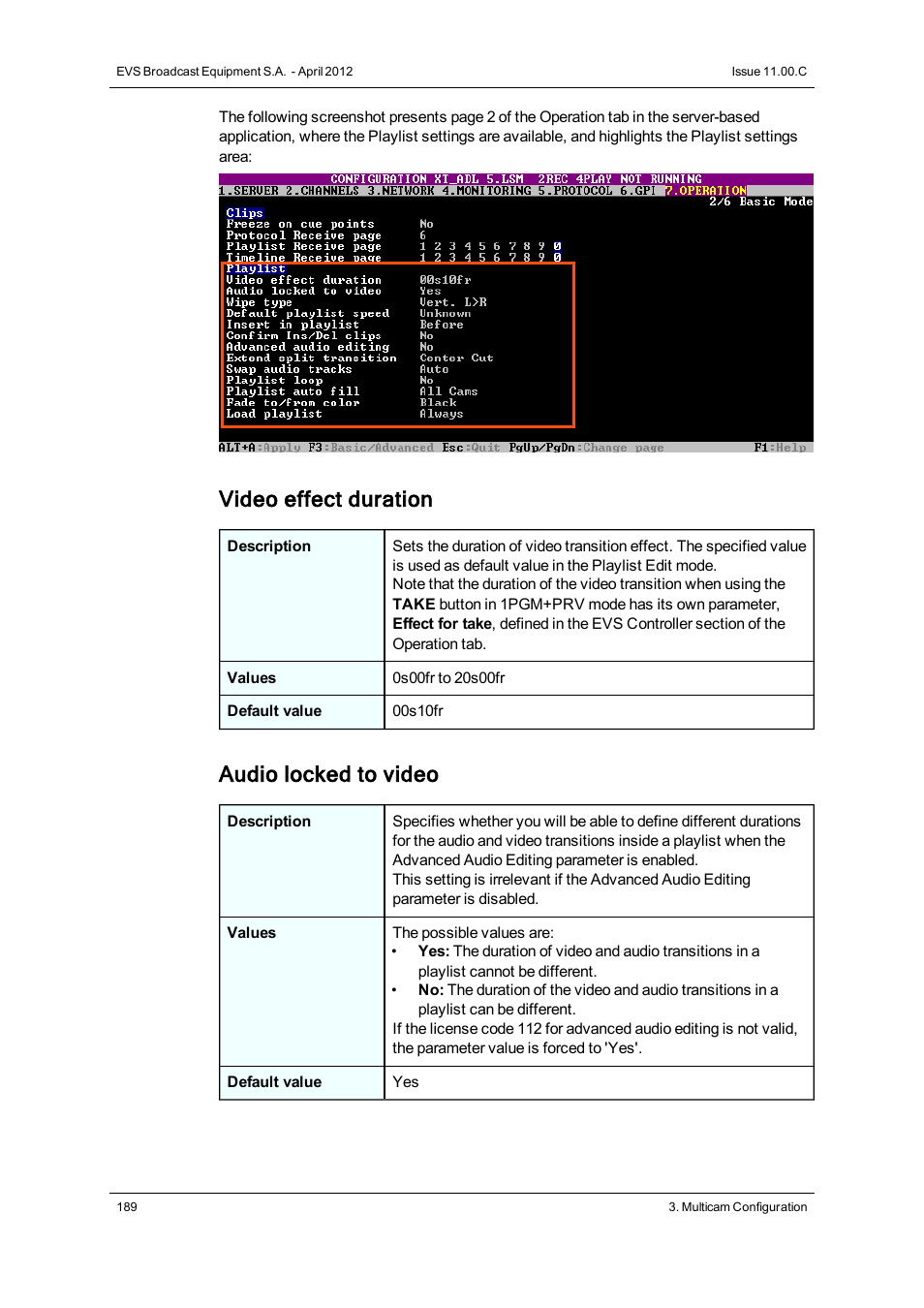 Video effect duration, Audio locked to video | EVS XT3 Version 11.00 Configuration Manual User Manual | Page 195 / 227