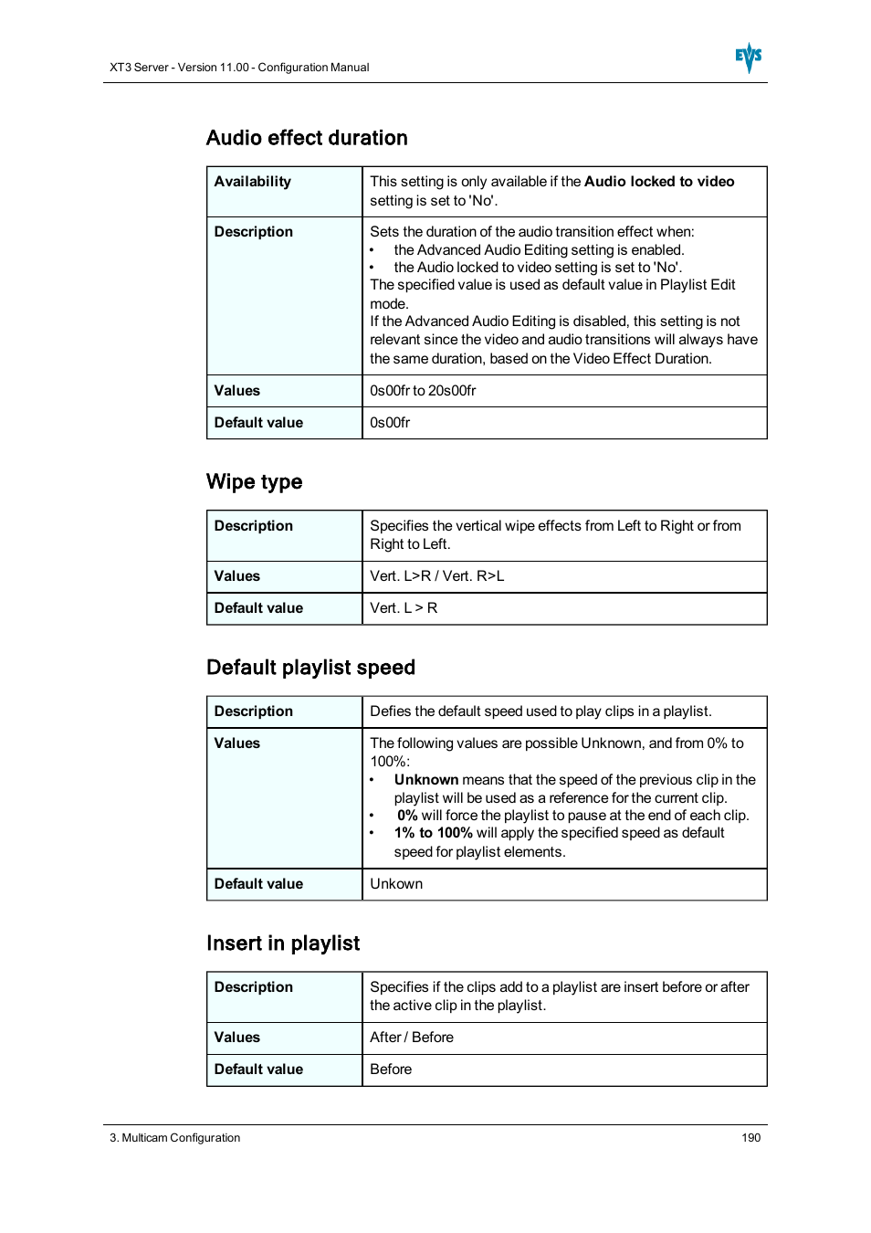 Audio effect duration, Wipe type, Default playlist speed | Insert in playlist | EVS XT3 Version 11.00 Configuration Manual User Manual | Page 196 / 227