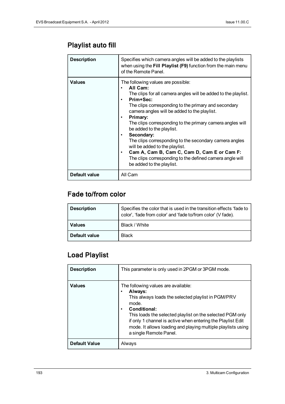Playlist auto fill, Fade to/from color, Load playlist | EVS XT3 Version 11.00 Configuration Manual User Manual | Page 199 / 227
