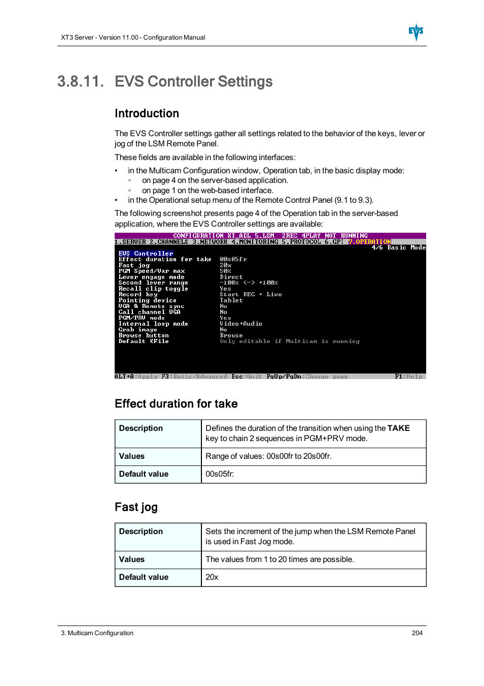 Evs controller settings, Introduction, Effect duration for take | Fast jog | EVS XT3 Version 11.00 Configuration Manual User Manual | Page 210 / 227