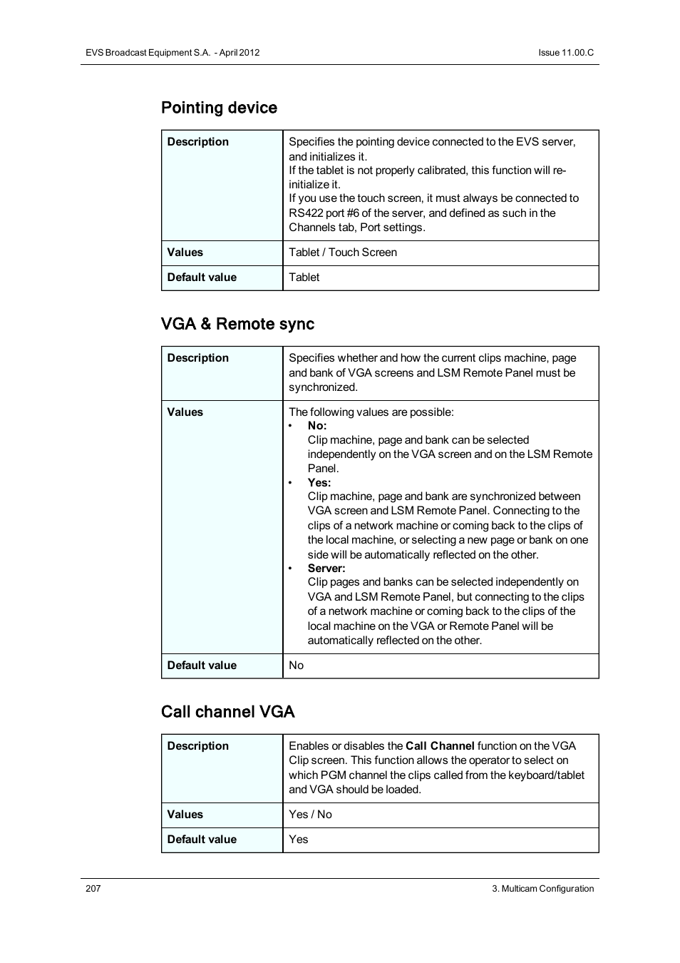 Pointing device, Vga & remote sync, Call channel vga | EVS XT3 Version 11.00 Configuration Manual User Manual | Page 213 / 227