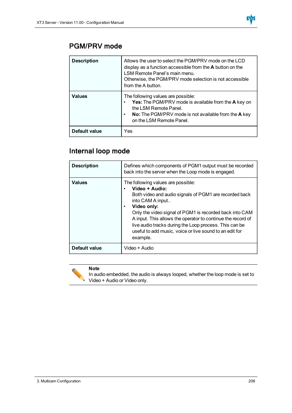 Pgm/prv mode, Internal loop mode | EVS XT3 Version 11.00 Configuration Manual User Manual | Page 214 / 227