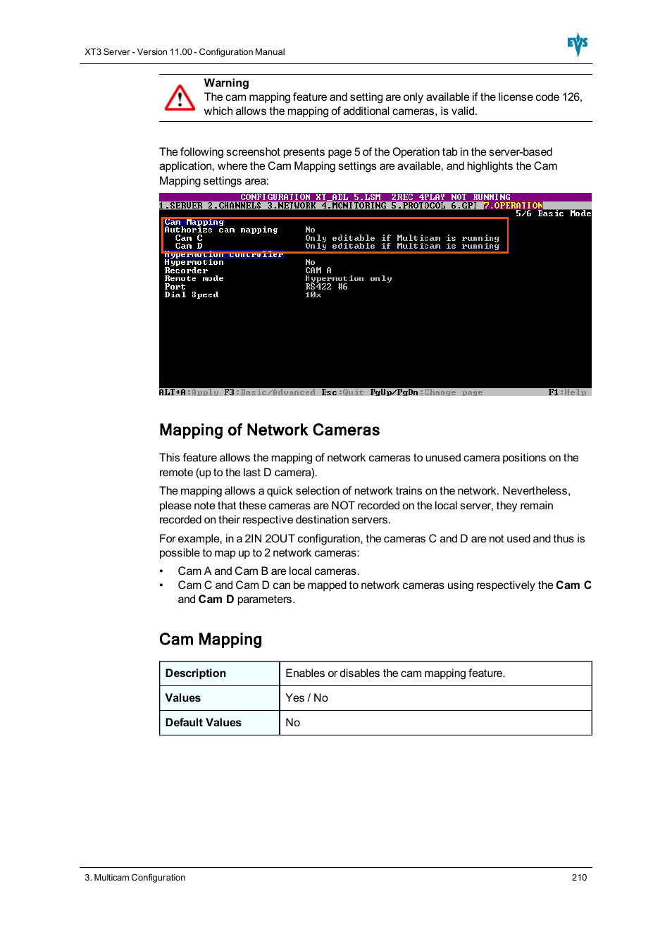Mapping of network cameras, Cam mapping | EVS XT3 Version 11.00 Configuration Manual User Manual | Page 216 / 227
