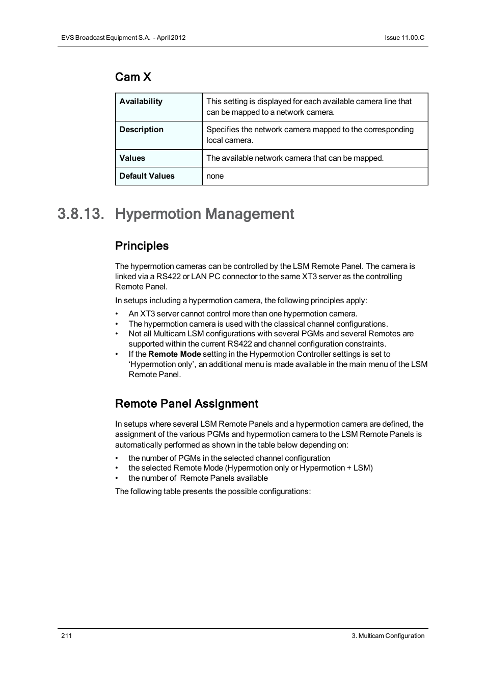 Hypermotion management, Cam x, Principles | Remote panel assignment | EVS XT3 Version 11.00 Configuration Manual User Manual | Page 217 / 227