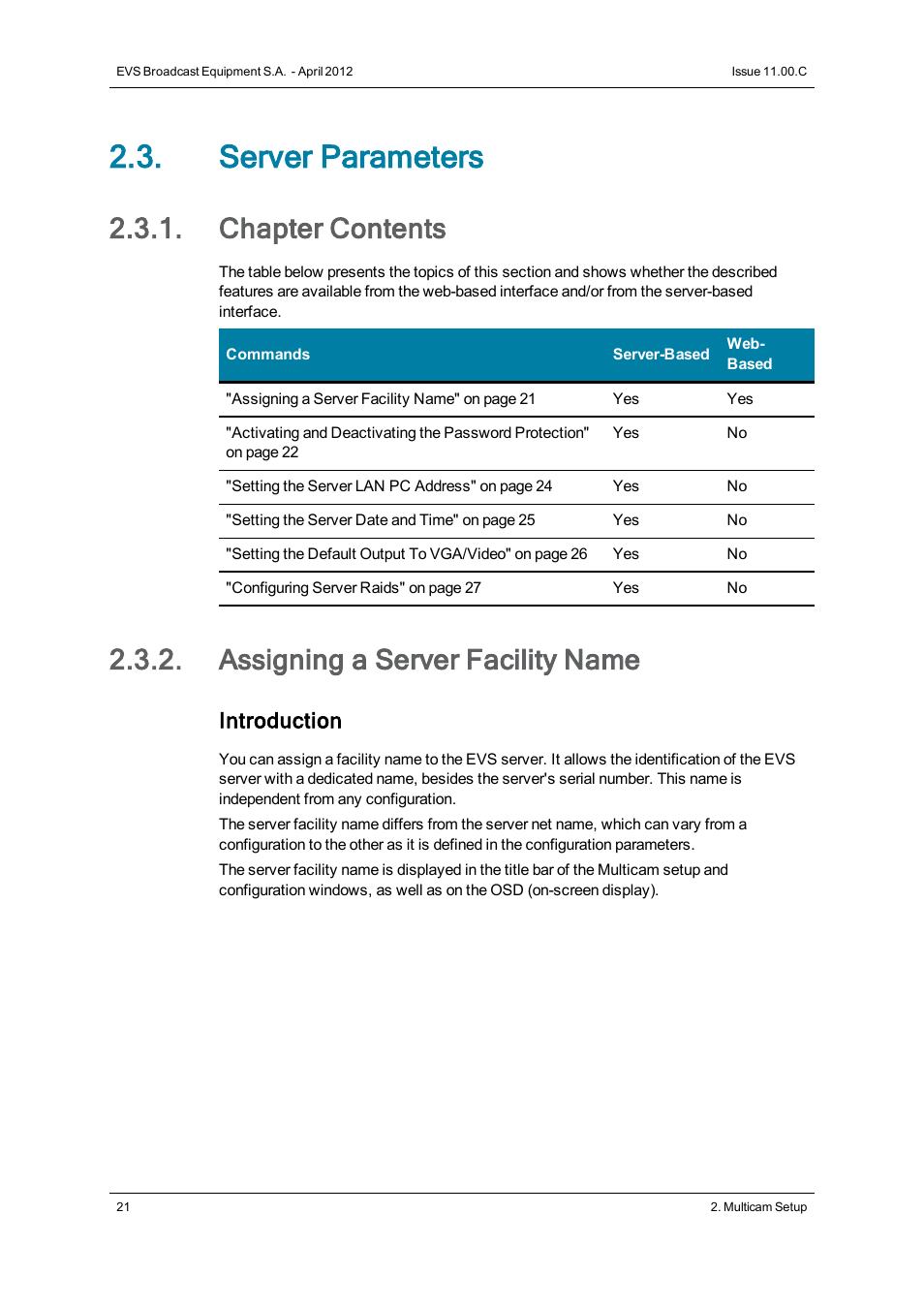 Server parameters, Chapter contents, Assigning a server facility name | Assign server facility name, Introduction | EVS XT3 Version 11.00 Configuration Manual User Manual | Page 27 / 227
