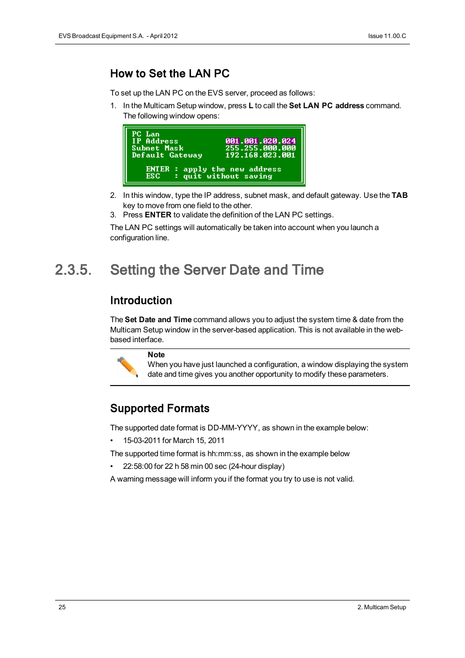 Setting the server date and time, Set date and time, How to set the lan pc | Introduction, Supported formats | EVS XT3 Version 11.00 Configuration Manual User Manual | Page 31 / 227