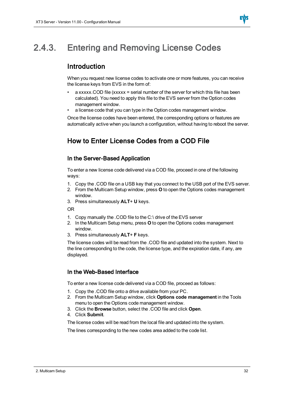 Entering and removing license codes, Introduction, How to enter license codes from a cod file | EVS XT3 Version 11.00 Configuration Manual User Manual | Page 38 / 227