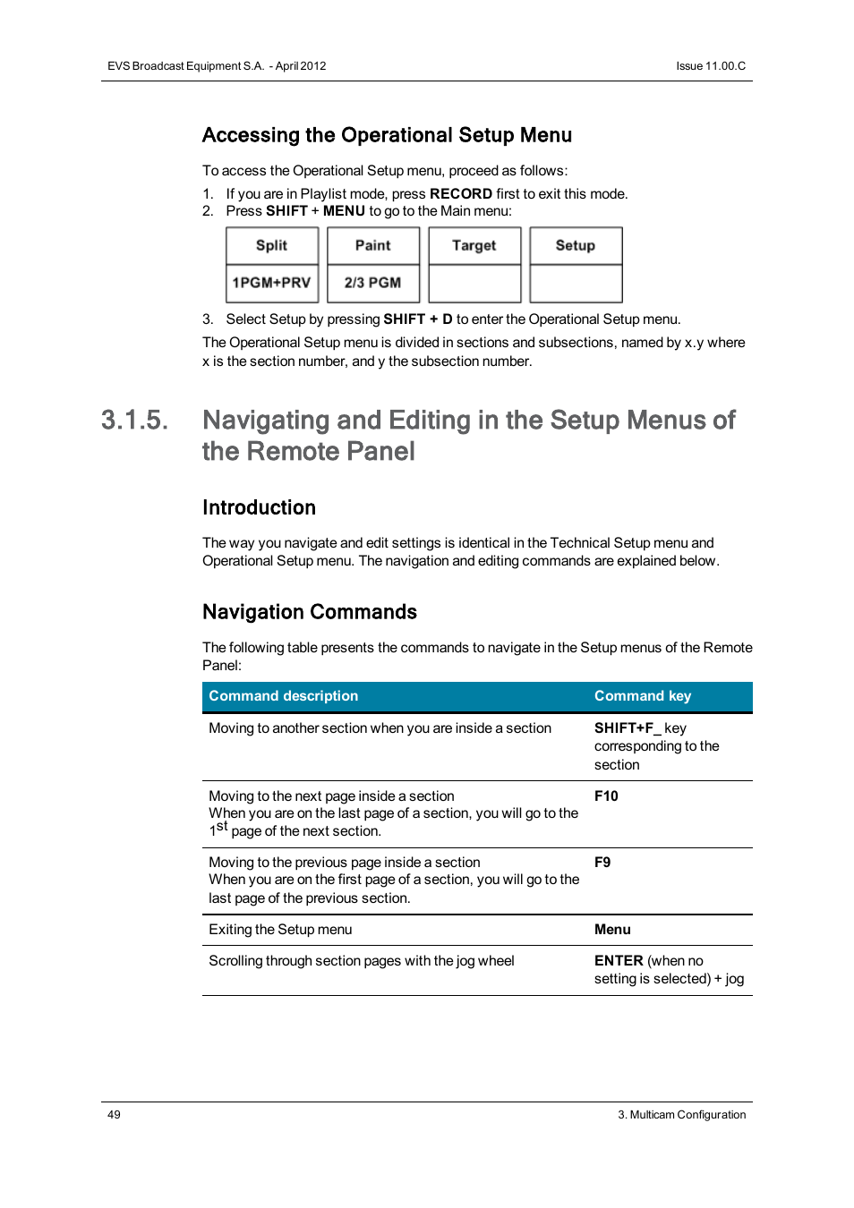 Accessing the operational setup menu, Introduction, Navigation commands | EVS XT3 Version 11.00 Configuration Manual User Manual | Page 55 / 227