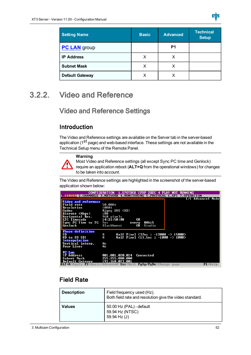 Video and reference, Video and reference settings, Introduction | Field rate | EVS XT3 Version 11.00 Configuration Manual User Manual | Page 58 / 227