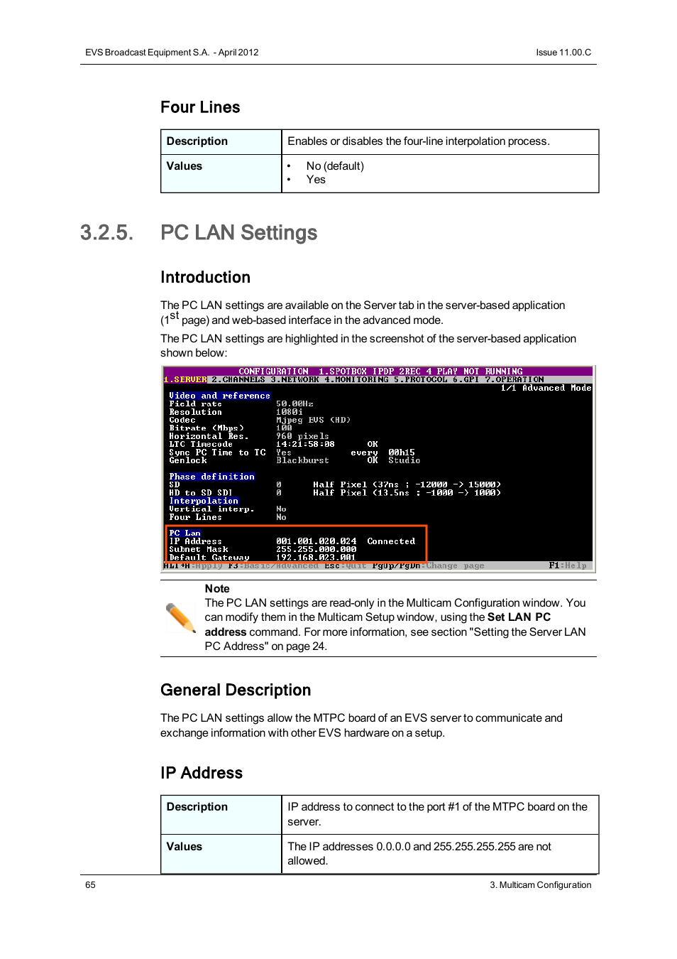 Pc lan settings, Four lines, Introduction | General description, Ip address | EVS XT3 Version 11.00 Configuration Manual User Manual | Page 71 / 227