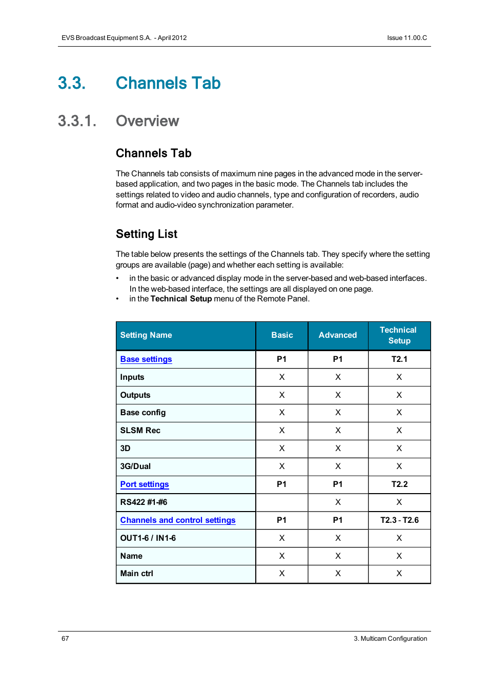 Channels tab, Overview, Channels settings | Setting list | EVS XT3 Version 11.00 Configuration Manual User Manual | Page 73 / 227