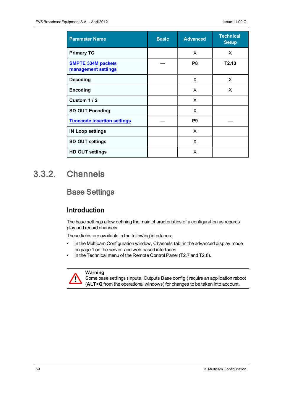Channels, Base settings, Introduction | EVS XT3 Version 11.00 Configuration Manual User Manual | Page 75 / 227