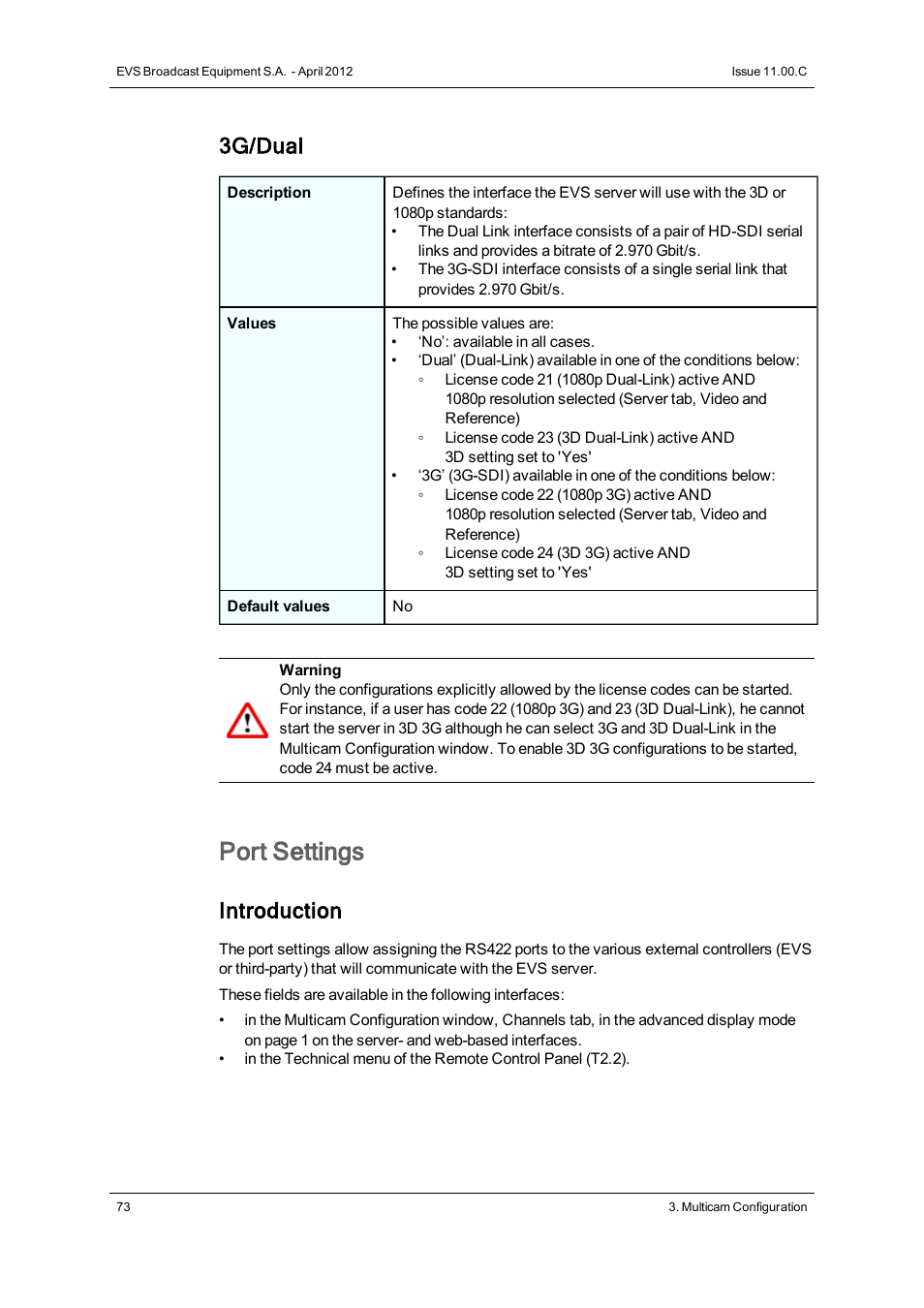 Port settings, 3g/dual, Introduction | EVS XT3 Version 11.00 Configuration Manual User Manual | Page 79 / 227
