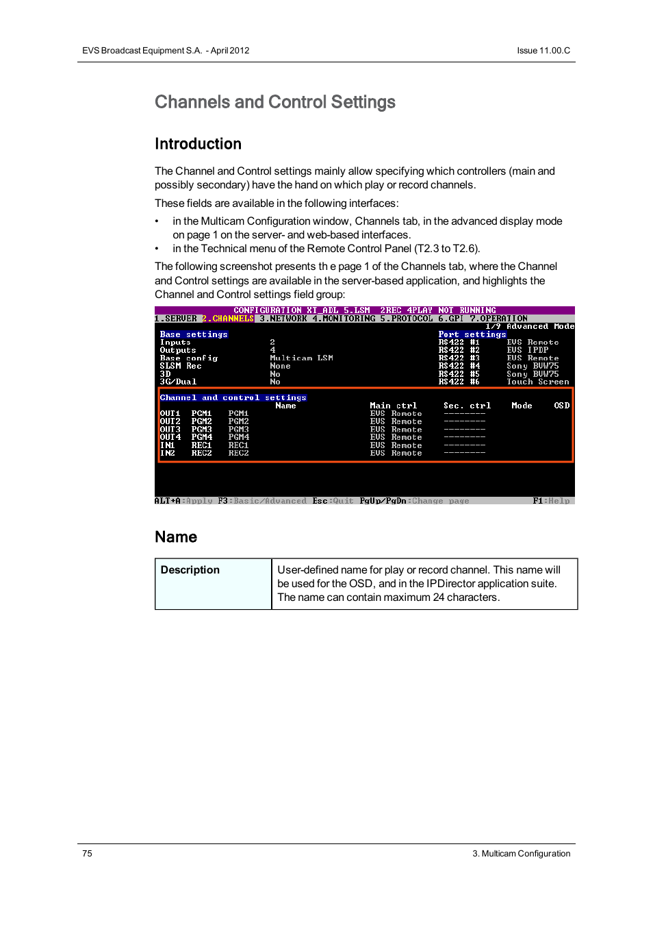 Channels and control settings, Introduction, Name | EVS XT3 Version 11.00 Configuration Manual User Manual | Page 81 / 227