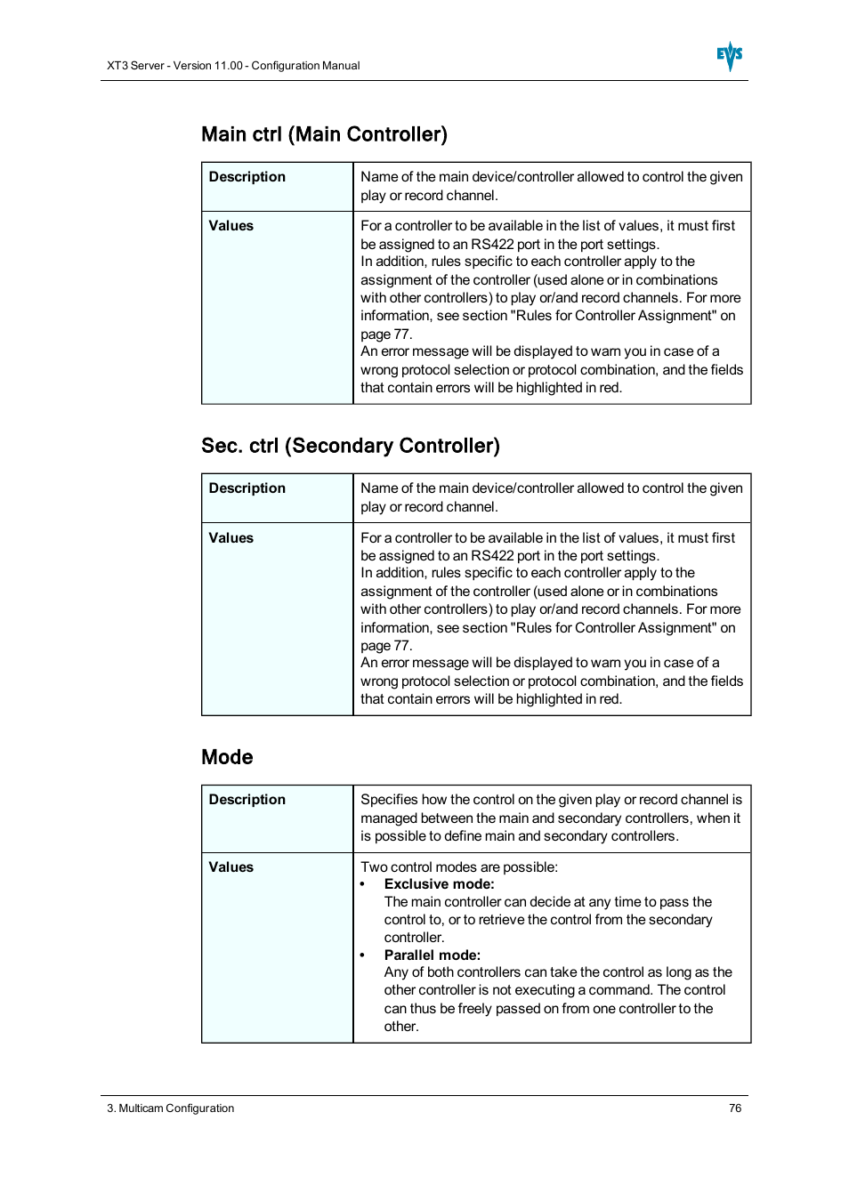 Main ctrl (main controller), Sec. ctrl (secondary controller), Mode | EVS XT3 Version 11.00 Configuration Manual User Manual | Page 82 / 227