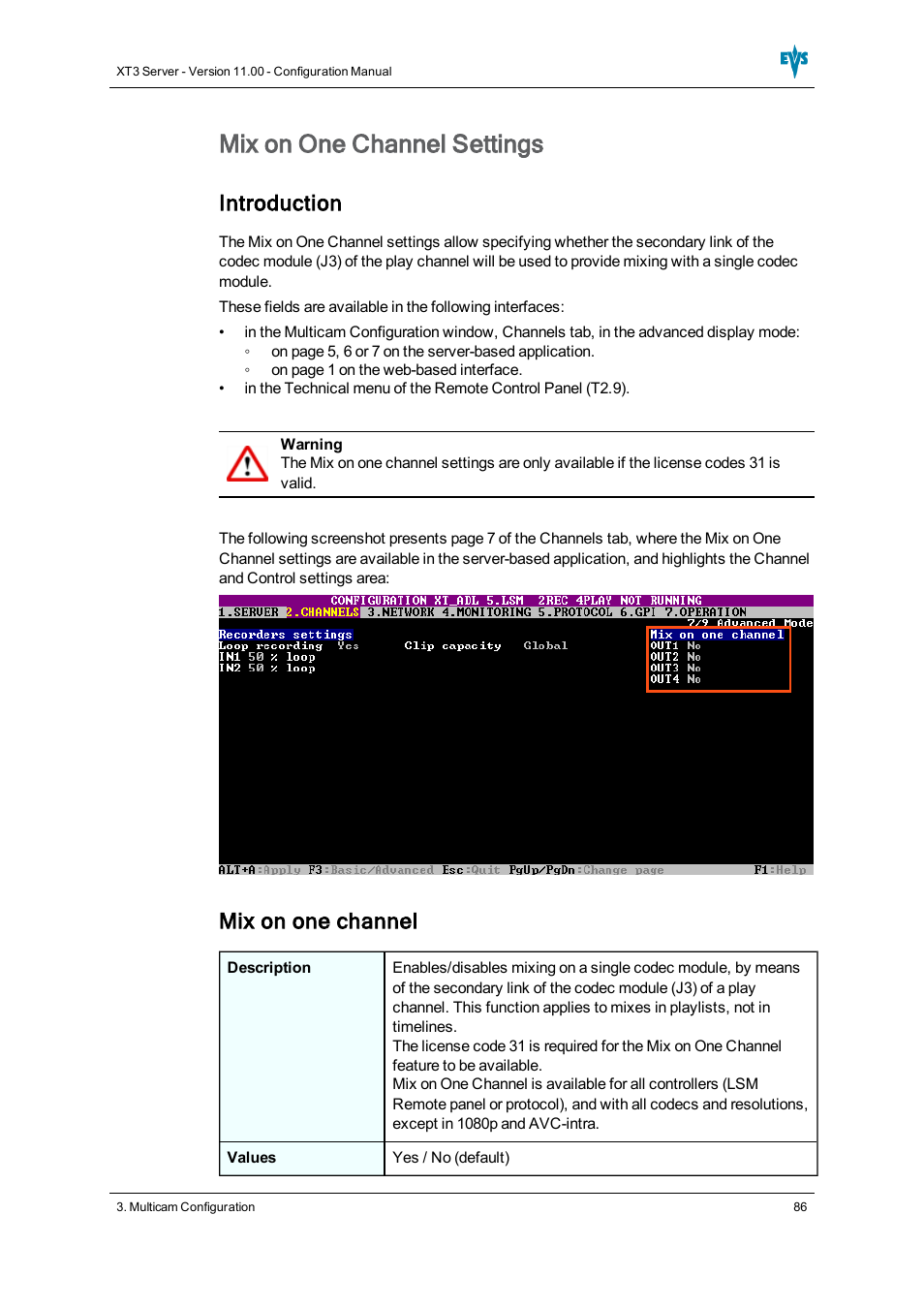 Mix on one channel setting, Mix on one channel settings, Introduction | Mix on one channel | EVS XT3 Version 11.00 Configuration Manual User Manual | Page 92 / 227
