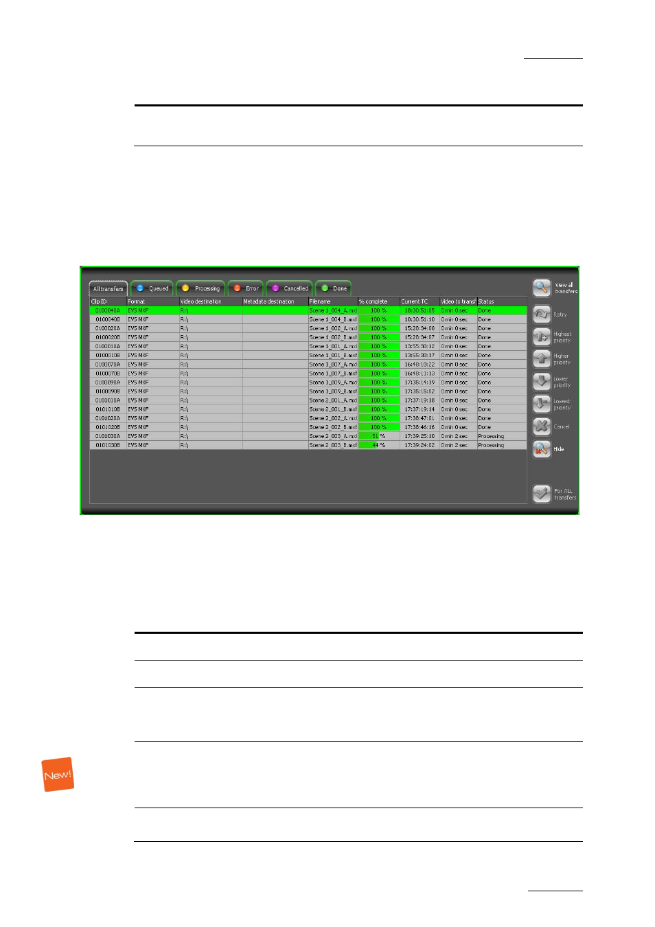 Overview of the expanded transfer status window, Transfer job status information | EVS INSIO Version 1.1 - October 2010 User's Manual User Manual | Page 100 / 121