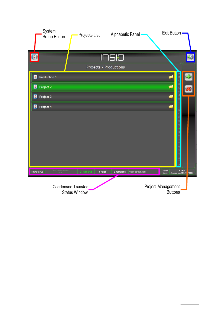 Projects list & alphabetic panel, System setup button | EVS INSIO Version 1.1 - October 2010 User's Manual User Manual | Page 14 / 121