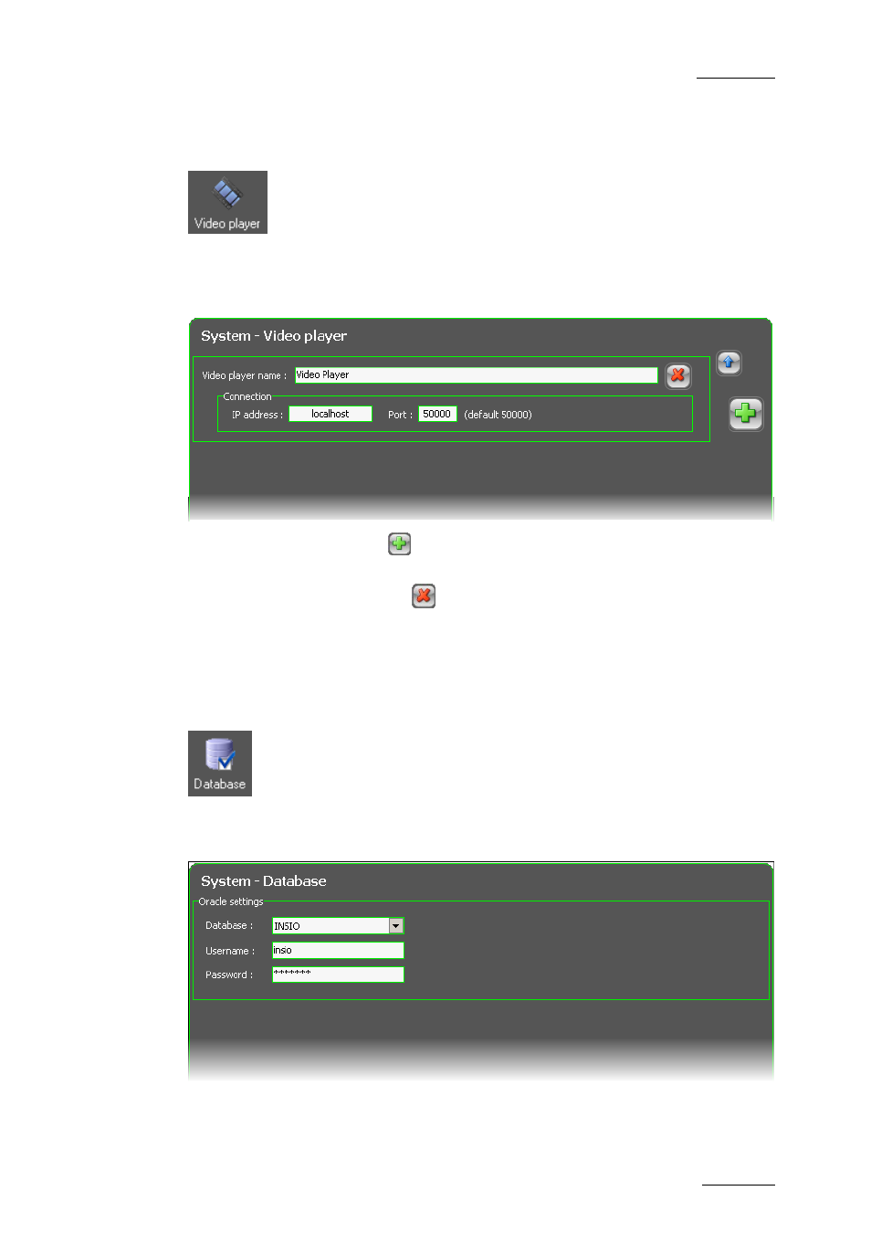 8 video player settings, 9 database settings, Video player settings | Database settings, Video player settings’ o | EVS INSIO Version 1.1 - October 2010 User's Manual User Manual | Page 50 / 121