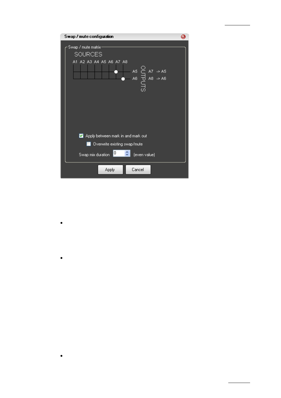 How to access the swap/mute configuration window, From the general display of a timeline, From the swap/mute zoom display of a track | Swap sources / outputs, Description, Uses | EVS IPDirector Version 5.6 - May 2009 Part 7 User's Manual User Manual | Page 168 / 206