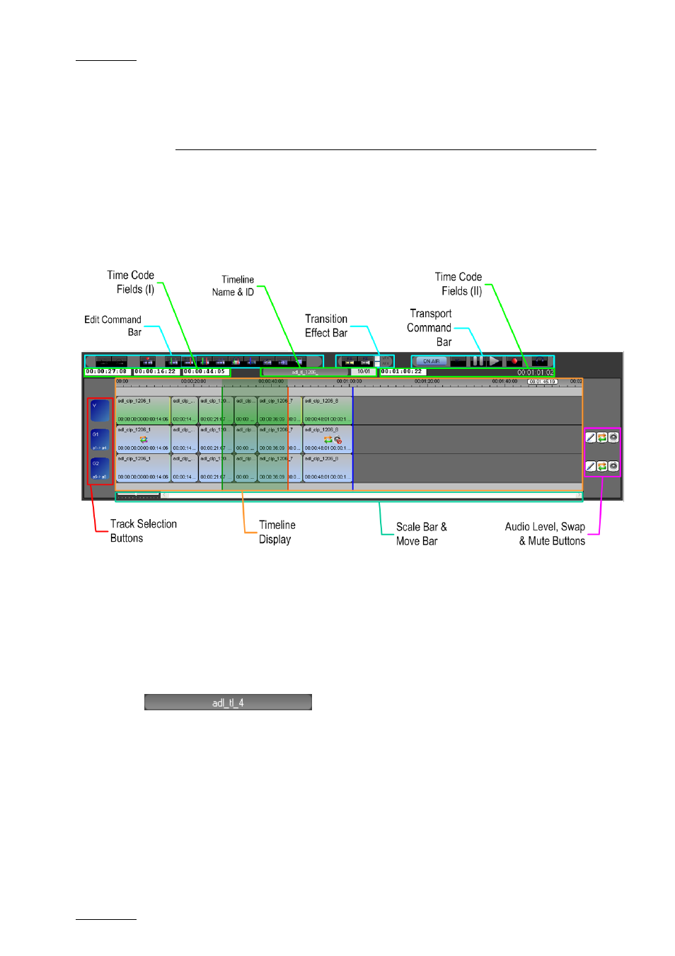 Timeline, 1 overview of the timeline elements, 1 timeline name and lsm id | Timeline name, Characteristics, Contextual menu from field, 4 ‘timeline | EVS IPDirector Version 5.6 - May 2009 Part 7 User's Manual User Manual | Page 45 / 206