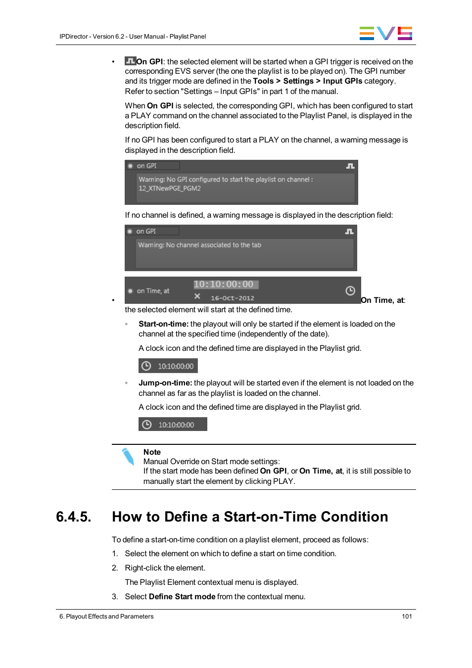 How to define a start-on-time condition | EVS IPDirector Version 6.2 - June 2013 PLAYLIST PANEL User Manual User Manual | Page 115 / 178