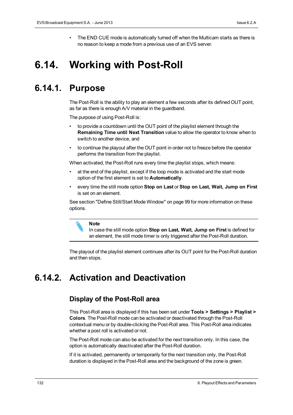Working with post-roll, Purpose, Activation and deactivation | Display of the post-roll area | EVS IPDirector Version 6.2 - June 2013 PLAYLIST PANEL User Manual User Manual | Page 146 / 178