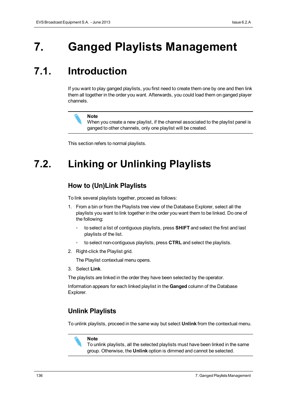 Ganged playlists management, Introduction, Linking or unlinking playlists | EVS IPDirector Version 6.2 - June 2013 PLAYLIST PANEL User Manual User Manual | Page 150 / 178