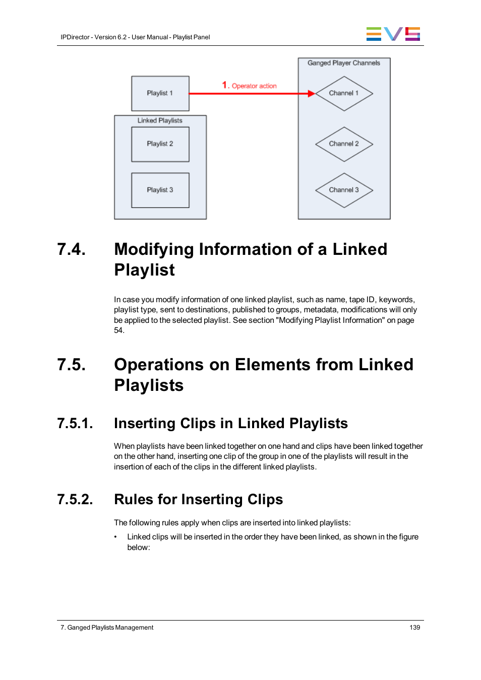 Modifying information of a linked playlist, Operations on elements from linked playlists, Inserting clips in linked playlists | Rules for inserting clips | EVS IPDirector Version 6.2 - June 2013 PLAYLIST PANEL User Manual User Manual | Page 153 / 178