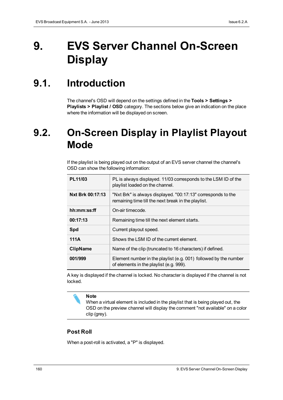 Evs server channel on-screen display, Introduction, On-screen display in playlist playout mode | EVS IPDirector Version 6.2 - June 2013 PLAYLIST PANEL User Manual User Manual | Page 174 / 178