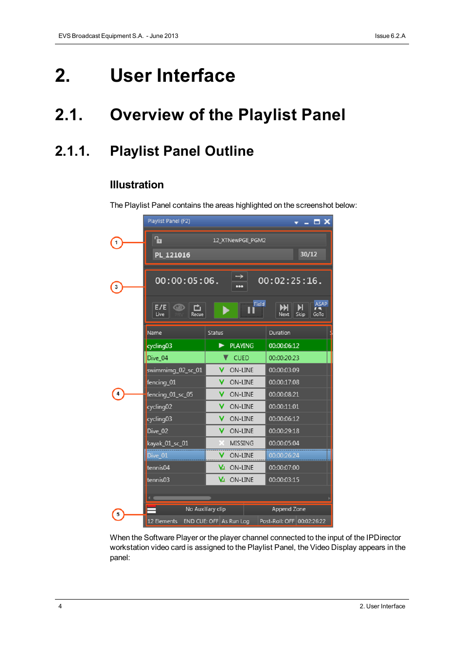 User interface, Overview of the playlist panel, Playlist panel outline | EVS IPDirector Version 6.2 - June 2013 PLAYLIST PANEL User Manual User Manual | Page 18 / 178