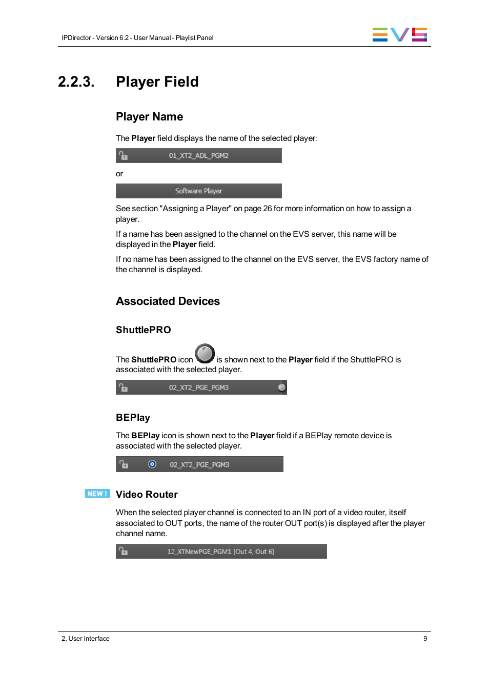 Player field, Player name, Associated devices | EVS IPDirector Version 6.2 - June 2013 PLAYLIST PANEL User Manual User Manual | Page 23 / 178