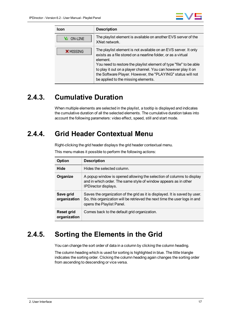 Cumulative duration, Grid header contextual menu, Sorting the elements in the grid | EVS IPDirector Version 6.2 - June 2013 PLAYLIST PANEL User Manual User Manual | Page 31 / 178