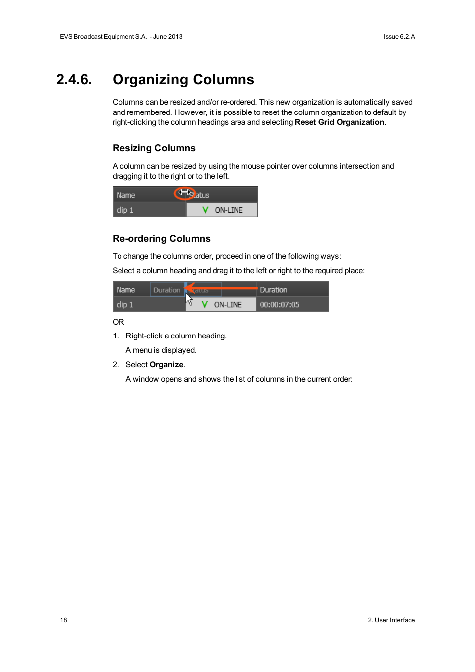 Organizing columns | EVS IPDirector Version 6.2 - June 2013 PLAYLIST PANEL User Manual User Manual | Page 32 / 178