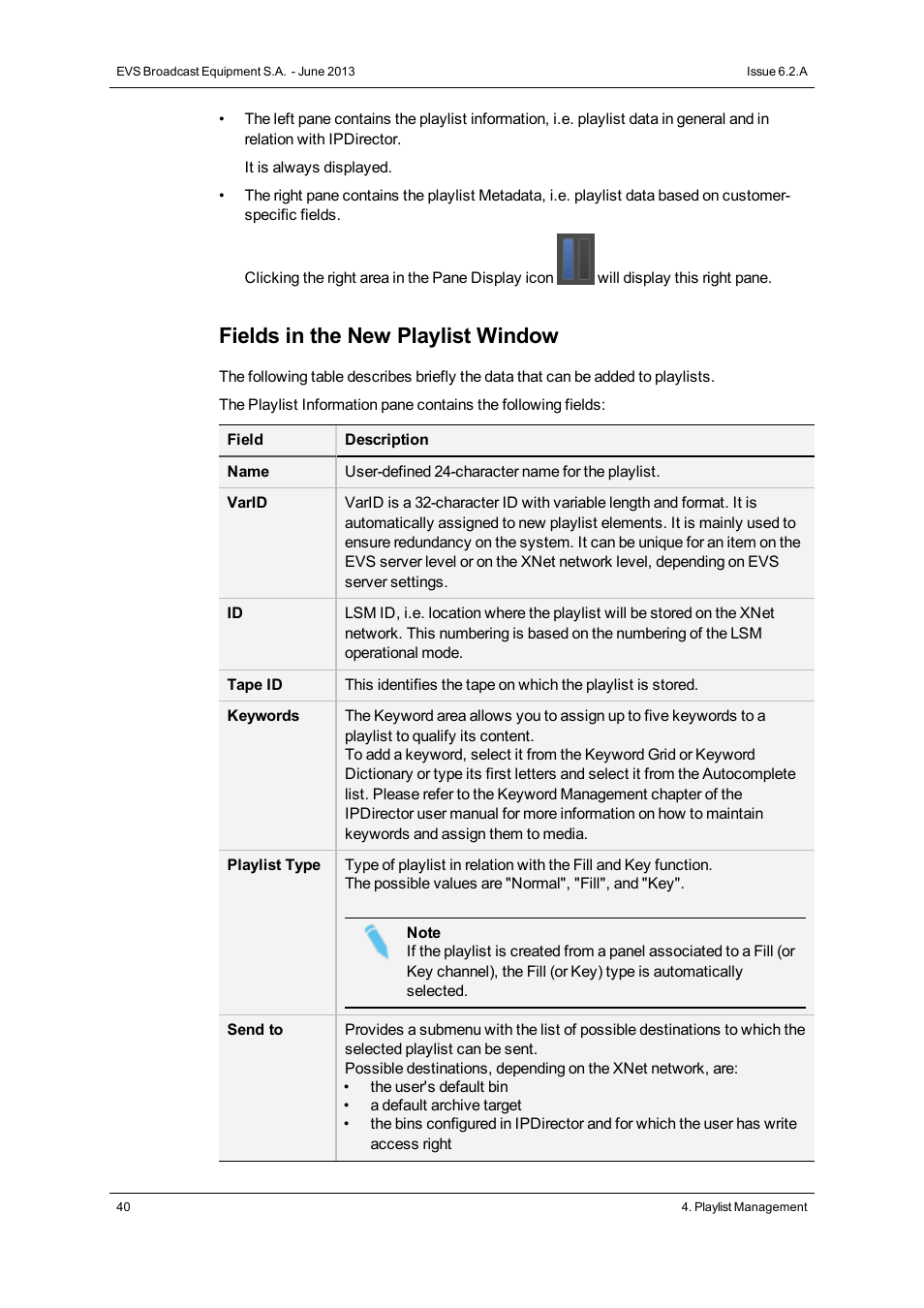Fields in the new playlist window | EVS IPDirector Version 6.2 - June 2013 PLAYLIST PANEL User Manual User Manual | Page 54 / 178