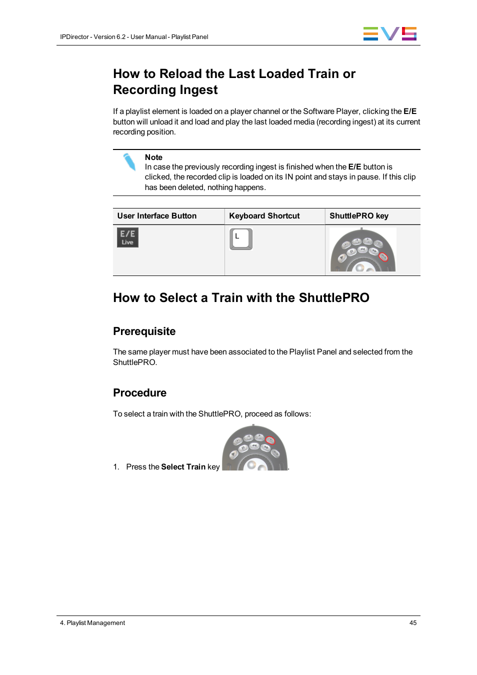 How to select a train with the shuttlepro, Prerequisite, Procedure | EVS IPDirector Version 6.2 - June 2013 PLAYLIST PANEL User Manual User Manual | Page 59 / 178