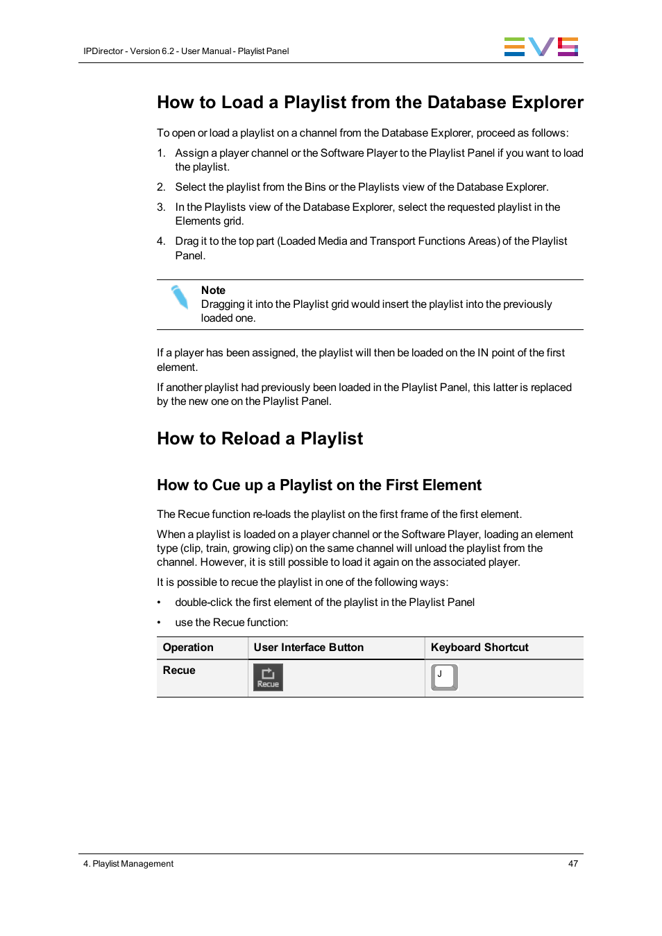 How to load a playlist from the database explorer, How to reload a playlist, How to cue up a playlist on the first element | EVS IPDirector Version 6.2 - June 2013 PLAYLIST PANEL User Manual User Manual | Page 61 / 178