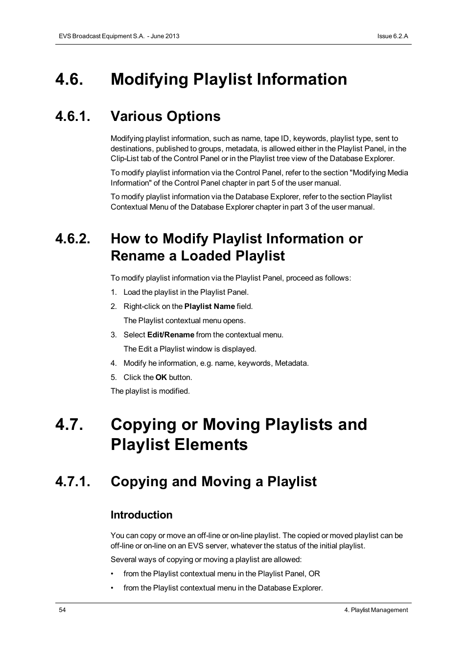Modifying playlist information, Various options, Copying or moving playlists and playlist elements | Copying and moving a playlist | EVS IPDirector Version 6.2 - June 2013 PLAYLIST PANEL User Manual User Manual | Page 68 / 178