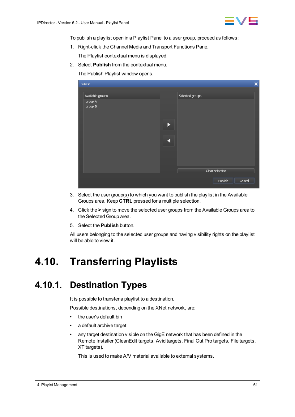 Transferring playlists, Destination types | EVS IPDirector Version 6.2 - June 2013 PLAYLIST PANEL User Manual User Manual | Page 75 / 178