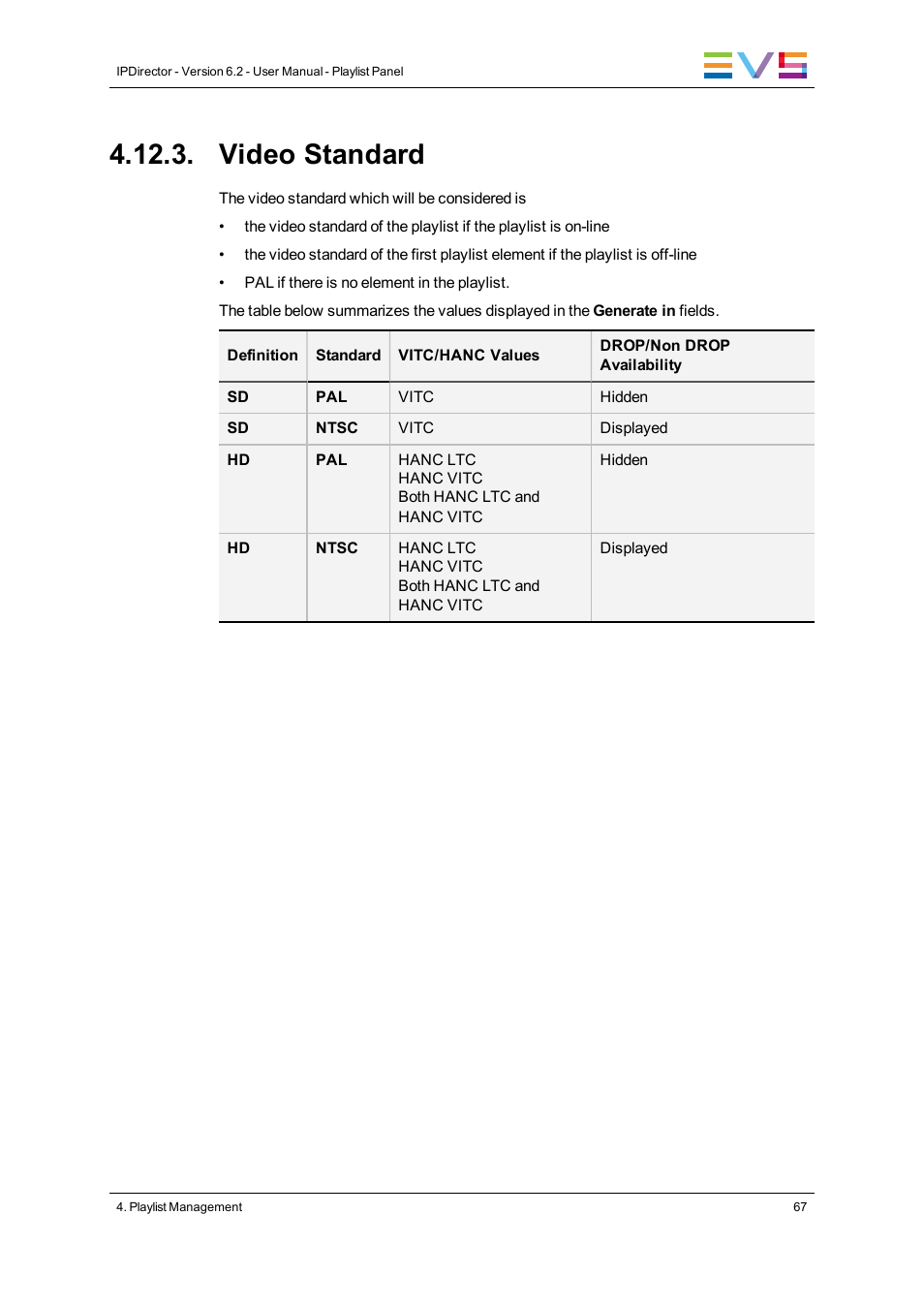 Video standard | EVS IPDirector Version 6.2 - June 2013 PLAYLIST PANEL User Manual User Manual | Page 81 / 178